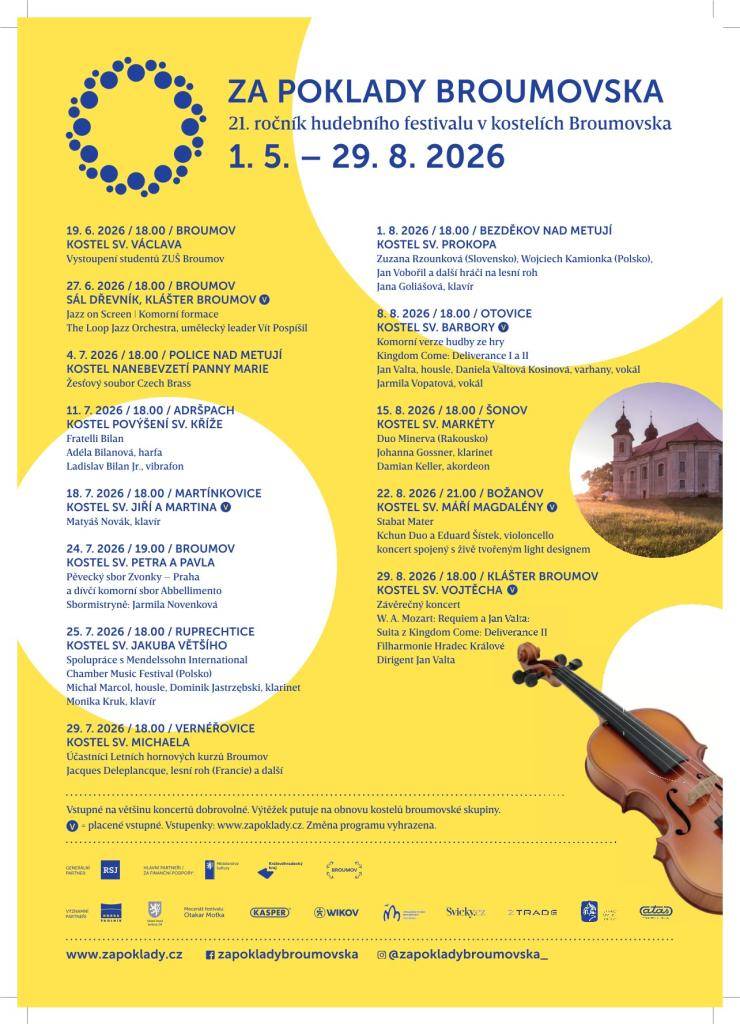 Srdečně zveme na 21. ročník hudebního festivalu Za poklady Broumovska, který bude probíhat v až do konce srpna v broumovských kostelích.