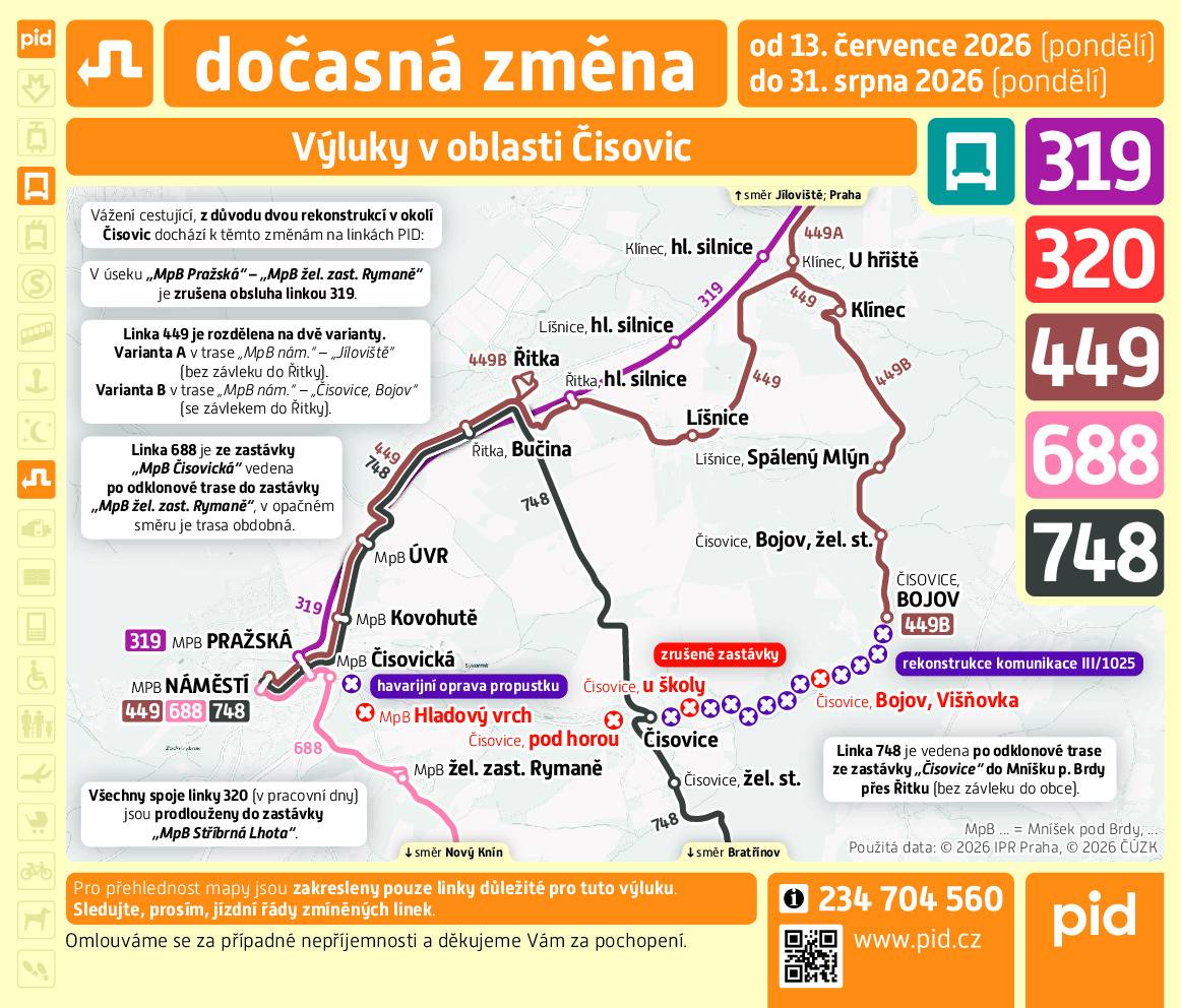 Vážení občané,  upozorňujeme na dočasnou změnu tras a jízdních řádů autobusů během uzávěry silnice mezi Bojovem a Čísovicemi od 13.7. do 31.8. 2026.