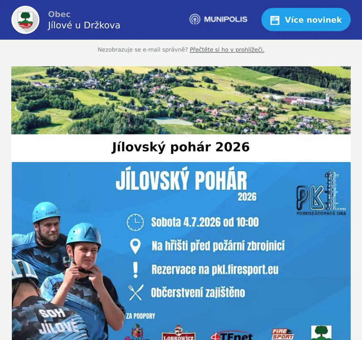 SDH Jílové Vás srdečně zve na Jílovský pohár 2026, který je zařazen do seriálu Podkozákovské ligy (PKL). Sobota 4. července 2026 Začátek soutěže v 10:00 Jílové u Držkova Přijďte podpořit soutěžní družstva a užít si den plný požárního sportu, skvělých výkonů a přátelské atmosféry. Online rezervace startovních pozic bude spuštěna 29. 6. 2026 od 20:00 hodin na: pkl.firesport.euRezervace pro soutěže PKL standardně začínají v pondělí od 20:00 hodin před daným závodem. Těšíme se na všechny soutěžící, fanoušky i širokou veřejnost!