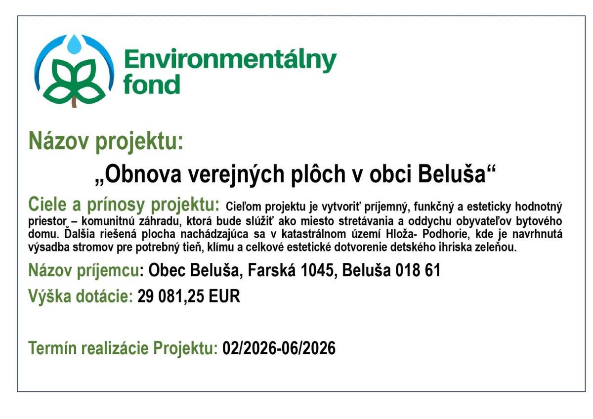 Cieľom projektu je vytvoriť príjemný, funkčný a esteticky hodnotný priestor – komunitnú záhradu, ktorá bude slúžiť ako miesto stretávania a oddychu obyvateľov bytového domu. Ďalšia riešená plocha nachádzajúca sa na parcele č. 265/8 v katastrálnom území Hloža- Podhorie, kde je navrhnutá výsadba stro
