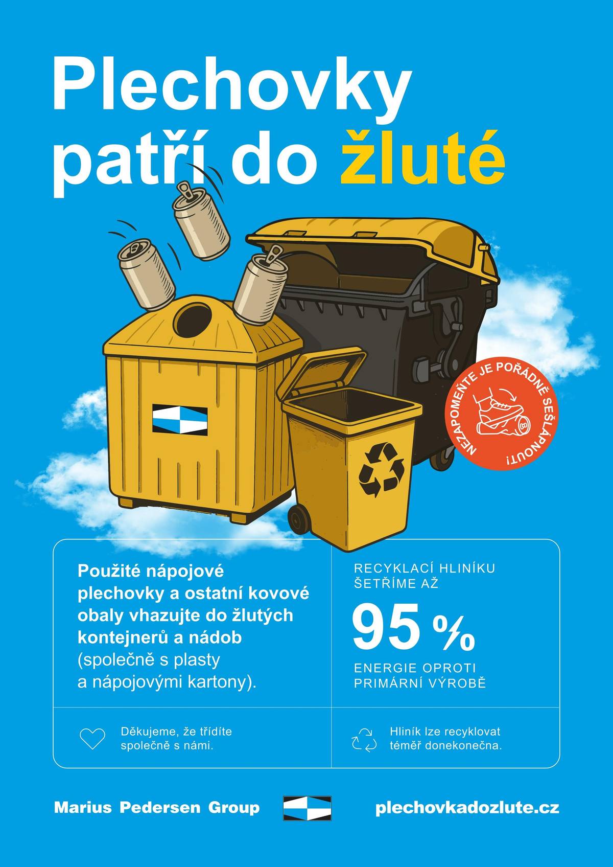 Věděli jste, že nápojové plechovky patří do žluté společně s plasty a nápojovými kartony? Stačí je před vyhozením sešlápnout. Recyklace hliníku ušetří až 95 % energie oproti výrobě nového.
