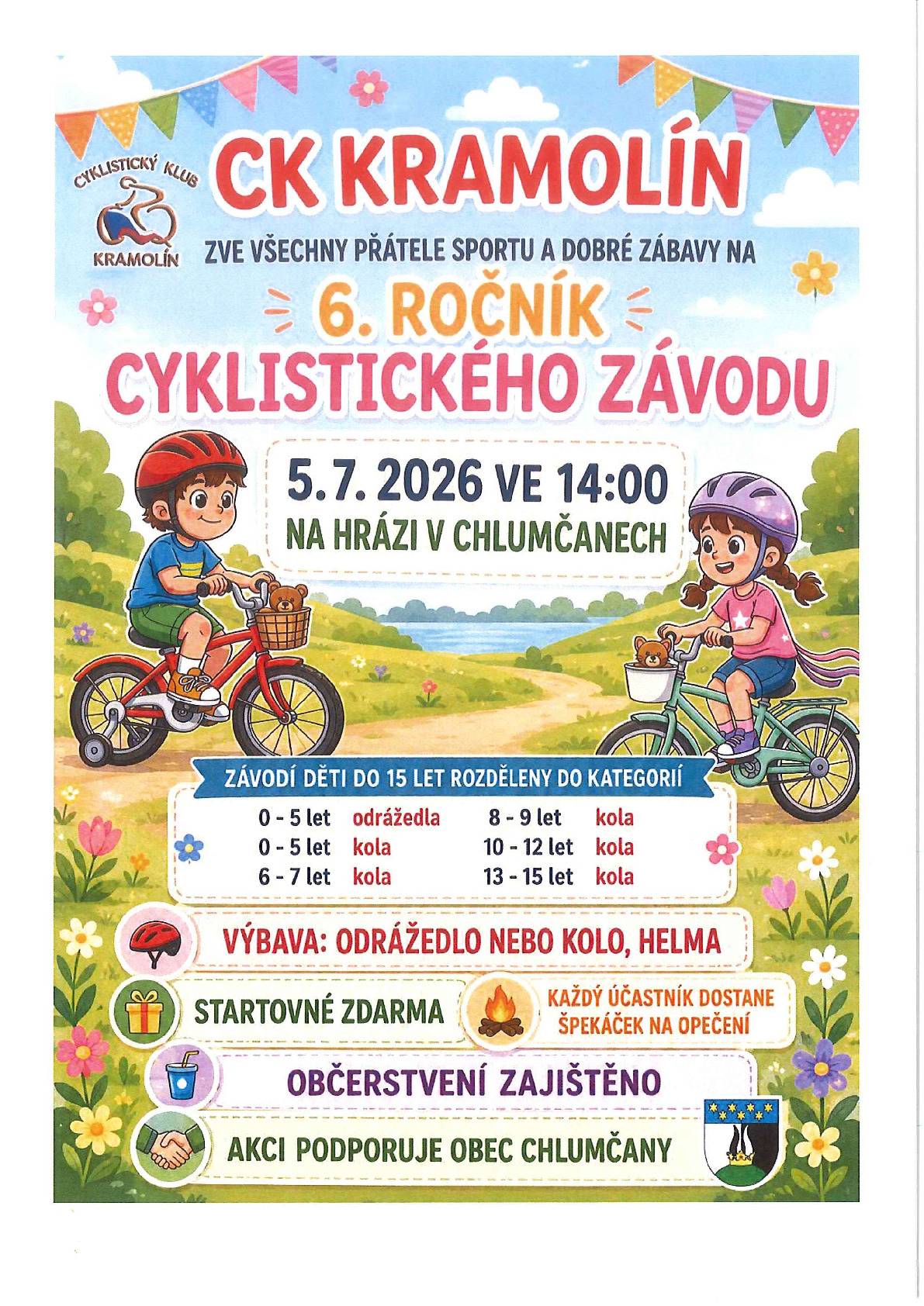 CK Kramolín zve na 6. ročník cyklistického závodu pro děti do 15 let v neděli 5.7.2026 od 14:00 hodin na Hrázi v Chlumčanech. Výbava: odrážedlo nebo kolo, helma. Startovné zdarma. Občerstvení zajištěno.