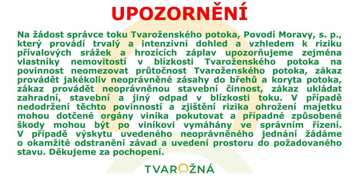 správce toku Tvaroženského potoka, Povodí Moravy, s.p.