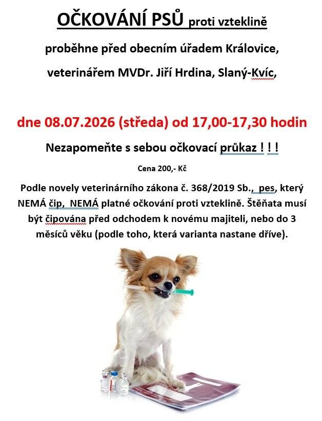 Očkování psů proběhne ve středu dne 08.07.2026 od 17,00 hod. před obecním úřadem.