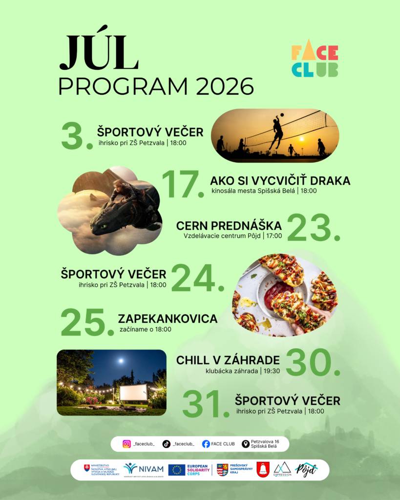 Aj počas júla nás čaká kopec letných aktivít – šport, film, zaujímavé prednášky, dobré jedlo aj pohodové večery s priateľmi. Pripravené sú športové večery na ihrisku , premietanie filmu Ako...