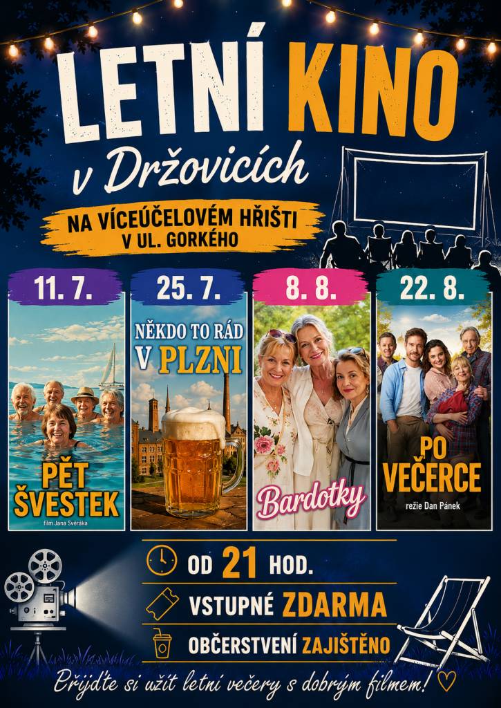 Program promítání letního kina v Držovicích na víceúčelovém hřišti v ulici Gorkého.  Začátek vždy ve 21:00 hod.  Vstupné: zdarma  Občerstvení: zajištěno  Přijďte si úžít letní večery s dobrým filmem....