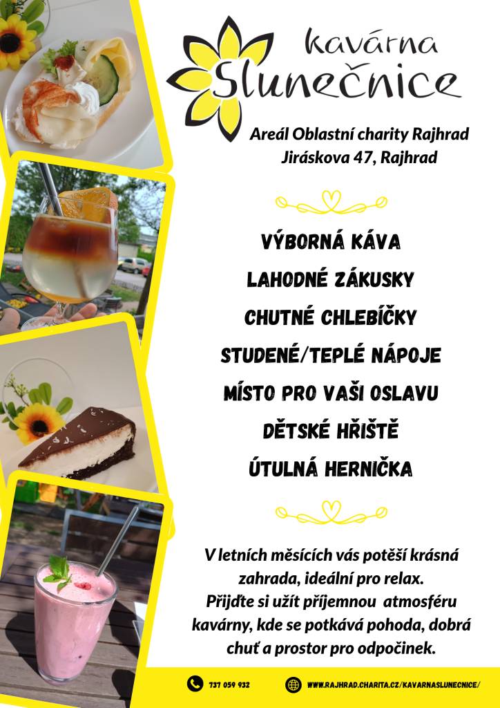 Přijďte si užít příjemnou atmosféru kavárny, kde se potkává pohoda, dobrá chuť a prostor pro odpočinek   - areál Oblastí charity Rajhrad, Jiráskova 47, Rajhrad