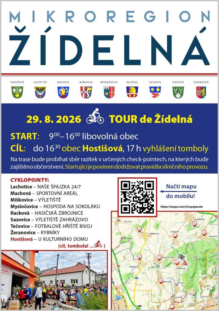 MikroREGION Žídelná Vás srdečně zve na cyklo projížďku napříč svazkem obcí. Cílovou obcí pro letošní rok bude obec Hostišová. Těší se na Vás pořadatelé.