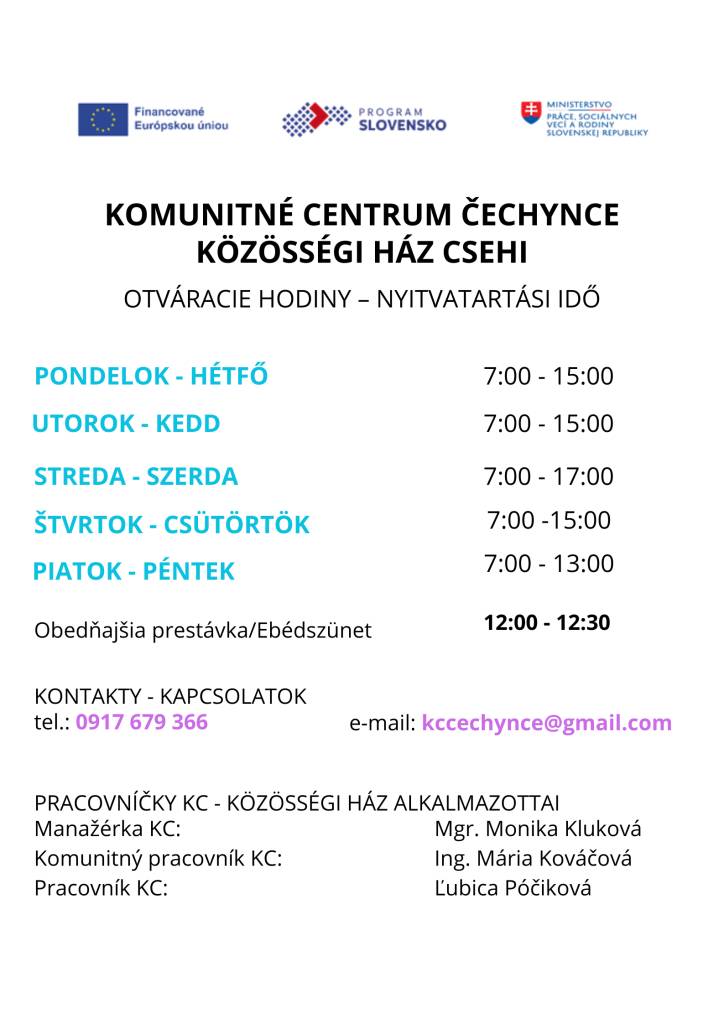 Vážení občania,  oznamujeme vám, že počas letných prázdnin, od 1. júla do 31. augusta 2026, budú v KC platiť zmenené otváracie hodiny.