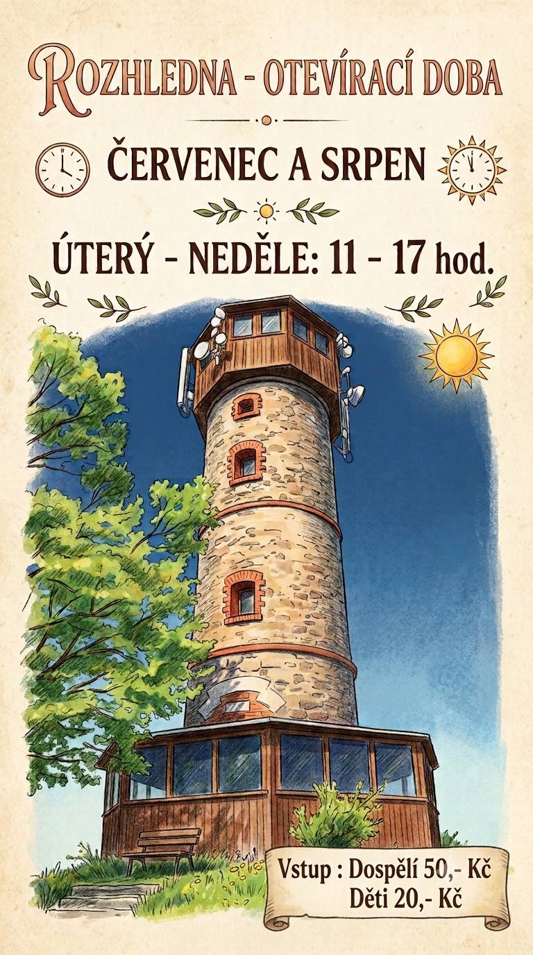 Rozhledna bude v měsíci červenci a srpnu otevřena takto : Úterý - Neděle, a svátek 11:00-17:00 hod. Mikulášská štola bude v měsíci červenci a srpnu otevřena dle přiloženého letáčku.