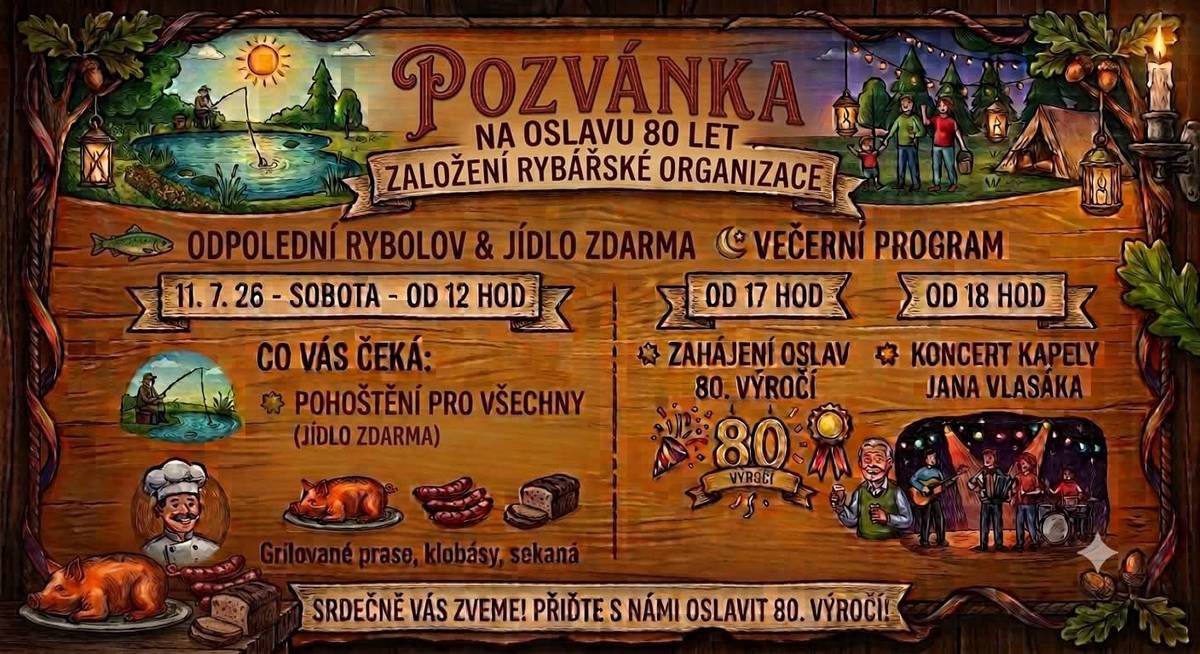 Český rybářský svaz Rožďalovice Vás zve na oslavy 80 let založení organizace, v sobotu 11.7. od 12h v rybářském areálu na Hasině.
