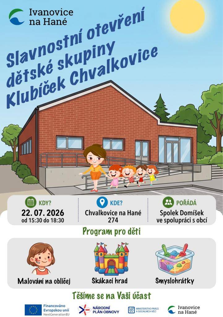 Srdečně zveme všechny rodiče, děti i širokou veřejnost na Den otevřených dveří spojený se slavnostním představením nové budovy dětské skupiny. Přijďte si prohlédnout moderní a příjemné prostory, ve kterých budou děti trávit svůj čas. Těšíme se na vaši návštěvu!