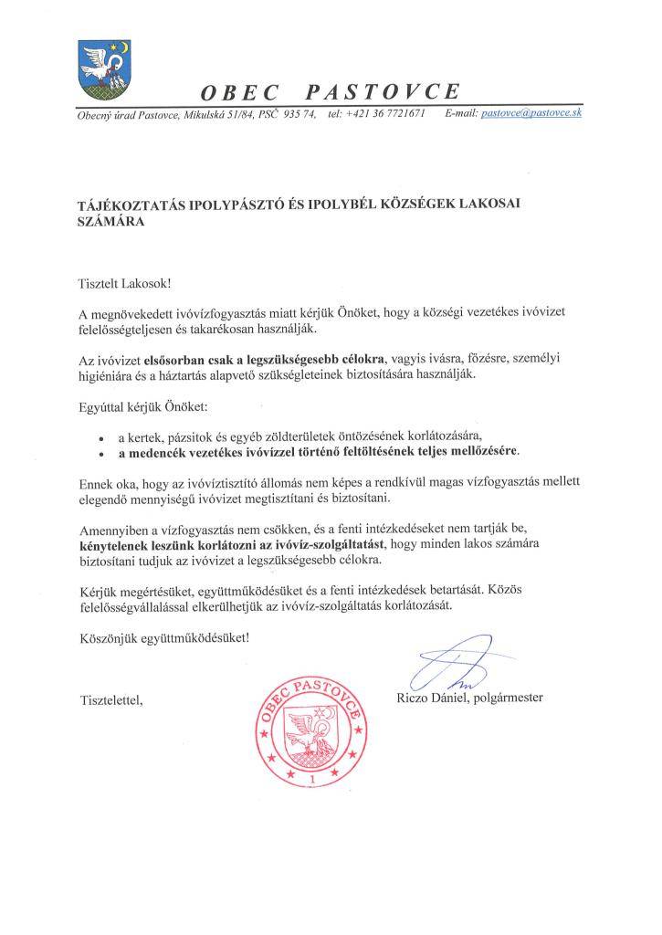 Oznámenie pre občanov obcí Pastovce a Bielovce