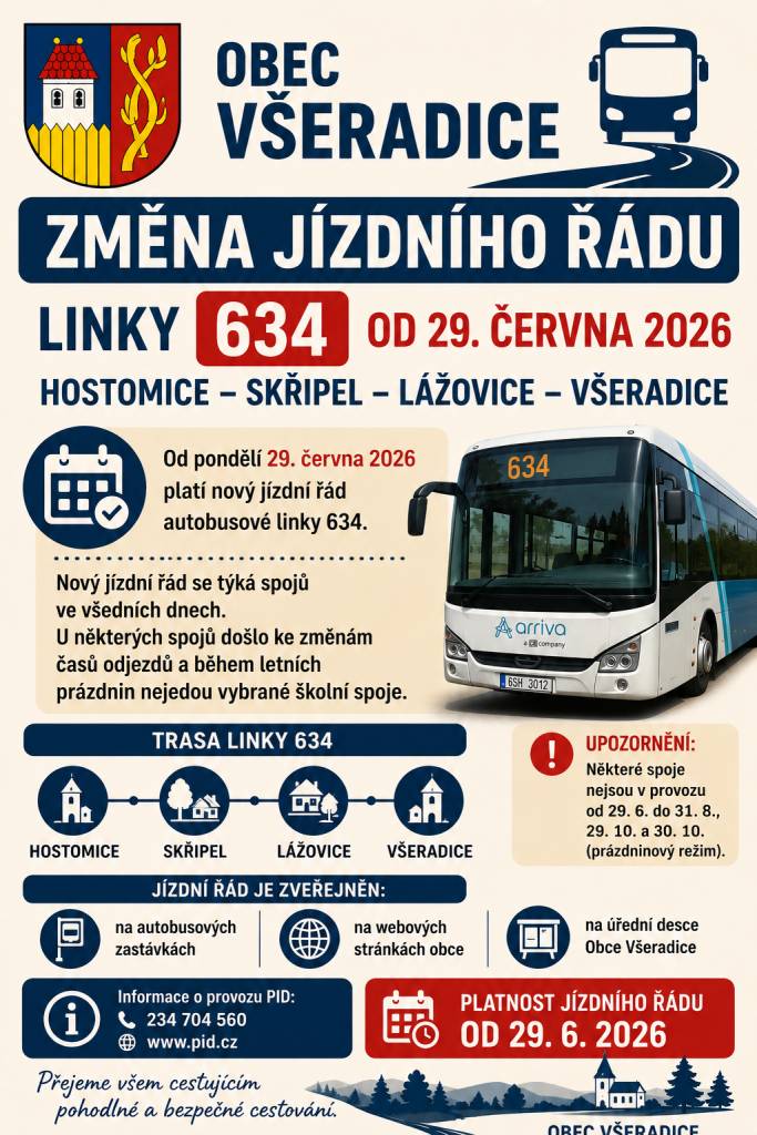 Vážení občané,    od pondělí 29. června 2026 vstupuje v platnost nový jízdní řád autobusové linky 634 Hostomice – Skřipel – Lážovice – Všeradice.