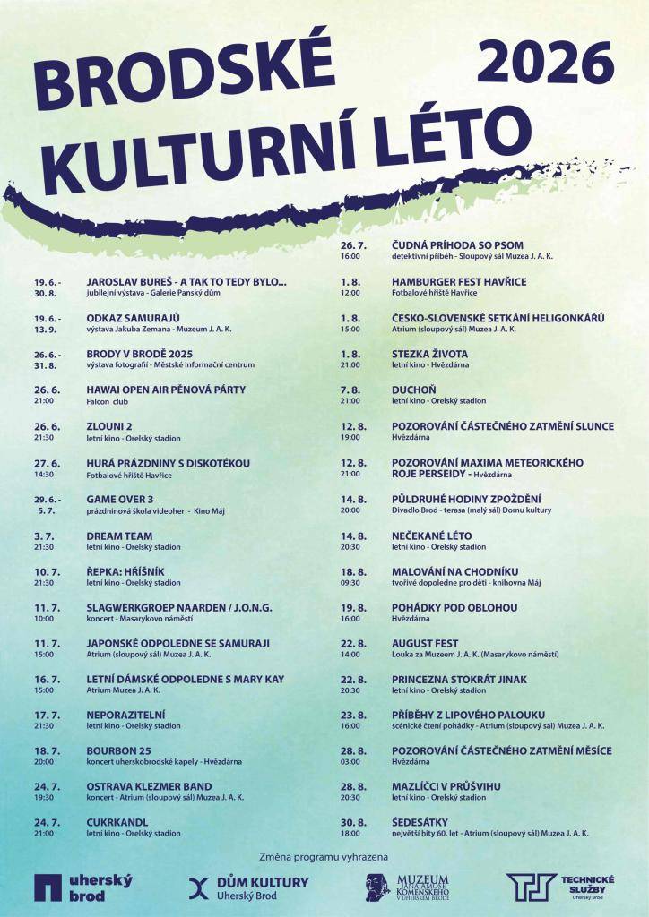 V příloze je program Domu kultury Uherský Brod na měsíc červenec a srpen 2026 a na Brodské kulturní léto.