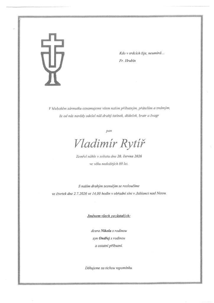 Smuteční oznámení - Vladimír Rytíř