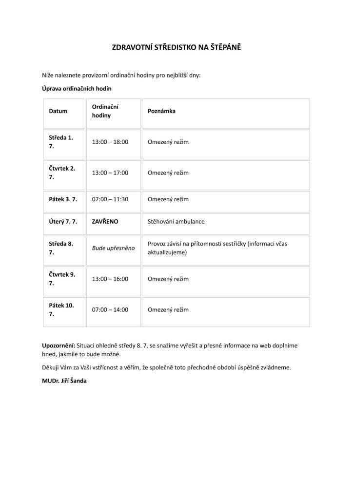 Dovolujeme si Vás informovat o změně v naší ambulanci.   MUDr. Jiří Šanda nyní přebírá lékařskou péči a vedení ordinace po zesnulé MUDr. Sehnalové. V důsledku plánovaných úprav a rekonstrukce ordinace budeme fungovat v omezeném režimu a prioritně se zaměříme na akutní stavy.