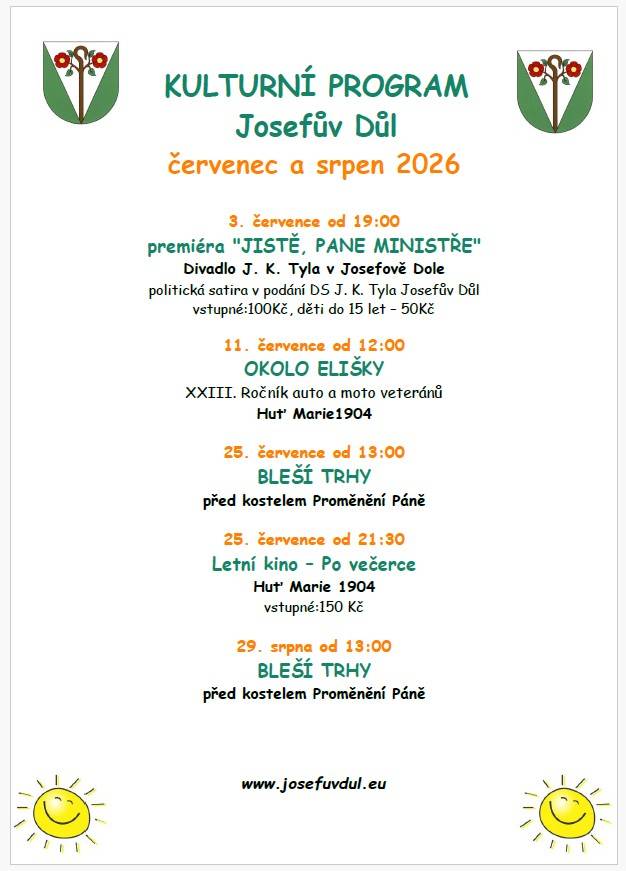 Josefův Důl vás zve na kulturní program v červenci a srpnu 2026.