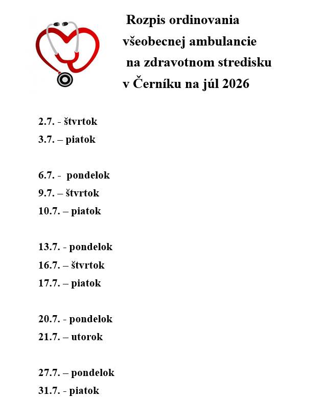 Rozpis ordinovania lekárov všeobecnej ambulancie na júl 2026