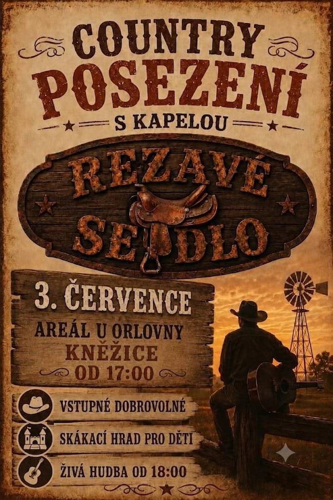 Orel Kněžice vás srdečně zve na Country posezení, které se uskuteční v pátek 3. července od 17 hodin v areálu za Orlovnou. Těšit se můžete na příjemné odpoledne a večer v country atmosféře s kapelou Rezavé sedlo. Pro děti bude připraven skákací hrad. Během akce bude probíhat prezentace medových výrobků a medoviny. Na akci je vstupné dobrovolné. Občerstvení zajištěno.  Srdečně se na vás těší pořadatelé.