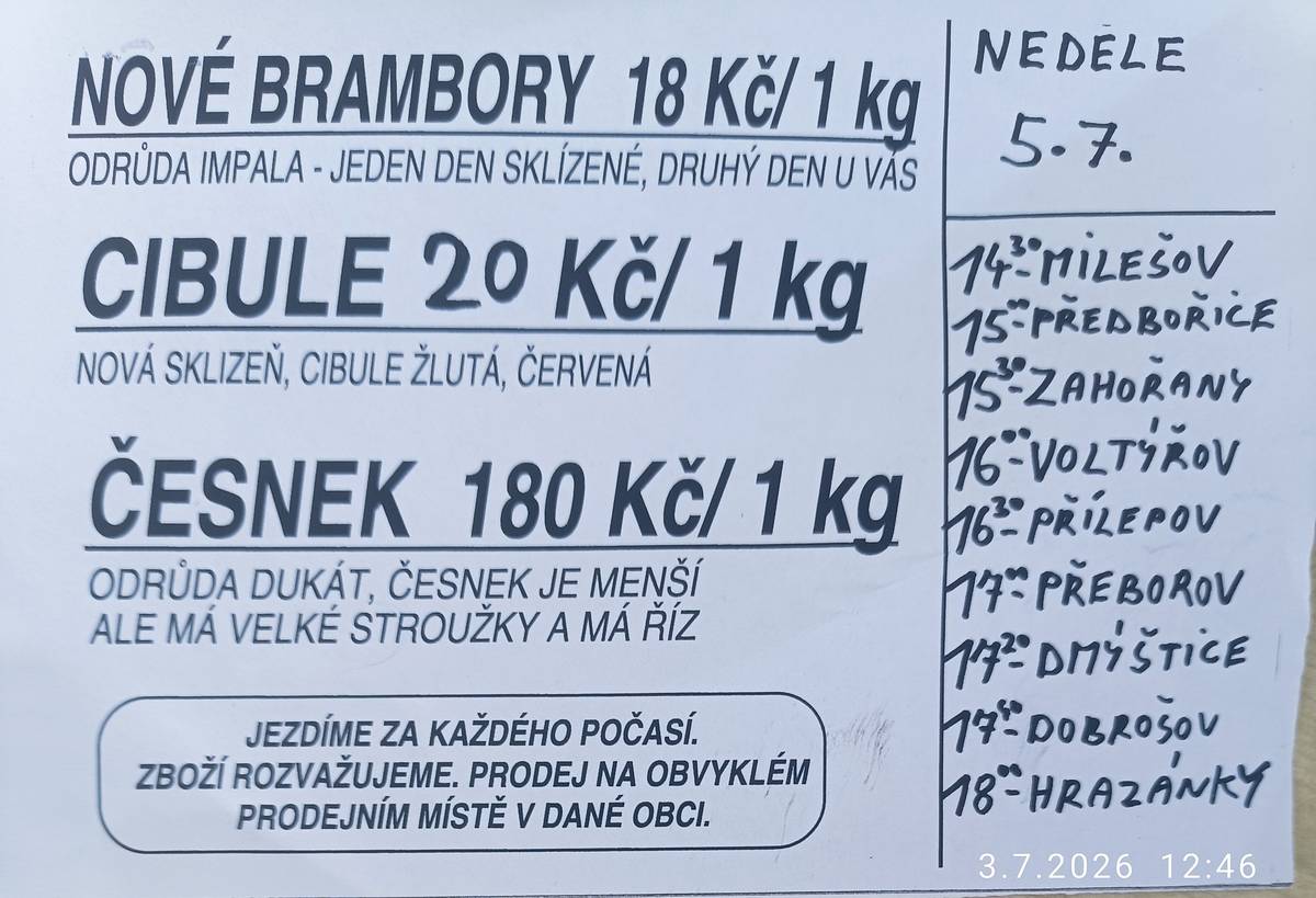 V neděli 5.7. 2026 se v Milešově na návsi uskuteční prodej brambor, cibule a česneku od 14 hodin 30 minut.