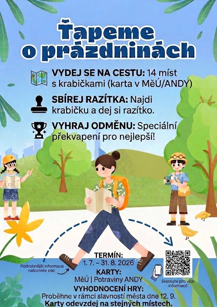 Prázdninová hra pro děti i dospělé  Od 1.7. - 31.8.2026  Kartičky k vyzvednutí na MěÚ Dolní Poustevna a v Potravinách Andy.