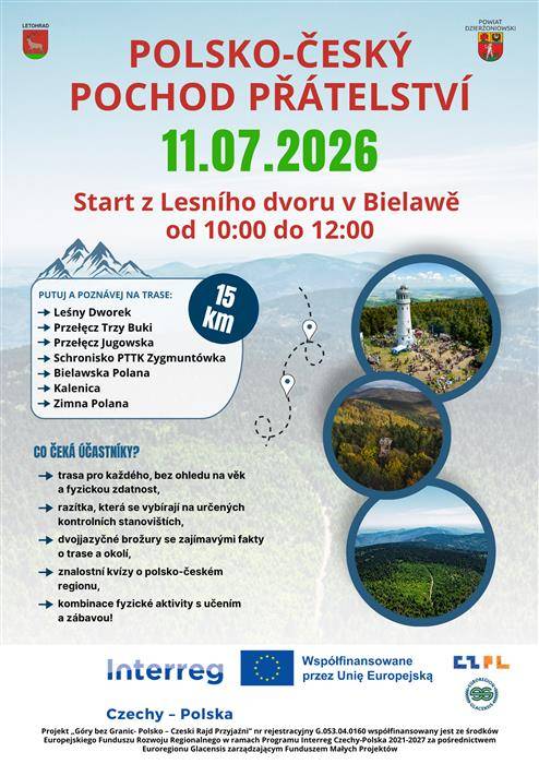 Zveme Vás na polsko-český pochod přátelství, který se koná díky spolupráci města Letohrad a okresu Dzierżoniow v sobotu 11.07.2026 v Sovích horách.