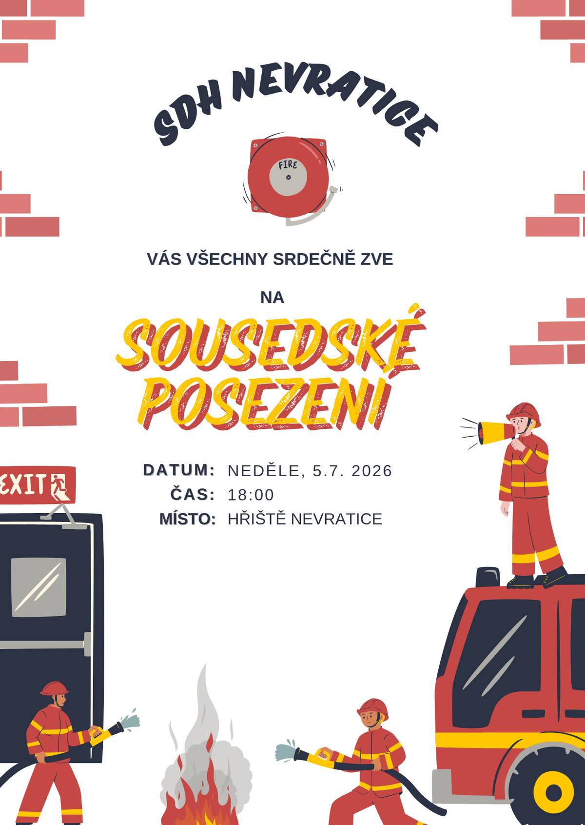 SDH Nevratice zve všechny příznivce na posezení, které se koná tuto neděli od 18:00 na hřišti.
