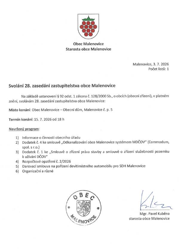 se koná ve středu 15. 7. 2026 od 18 hodin v sále Obecního domu, Malenovice 5.