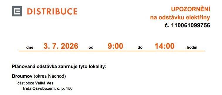 Předáváme informaci o odstávce elektřiny.