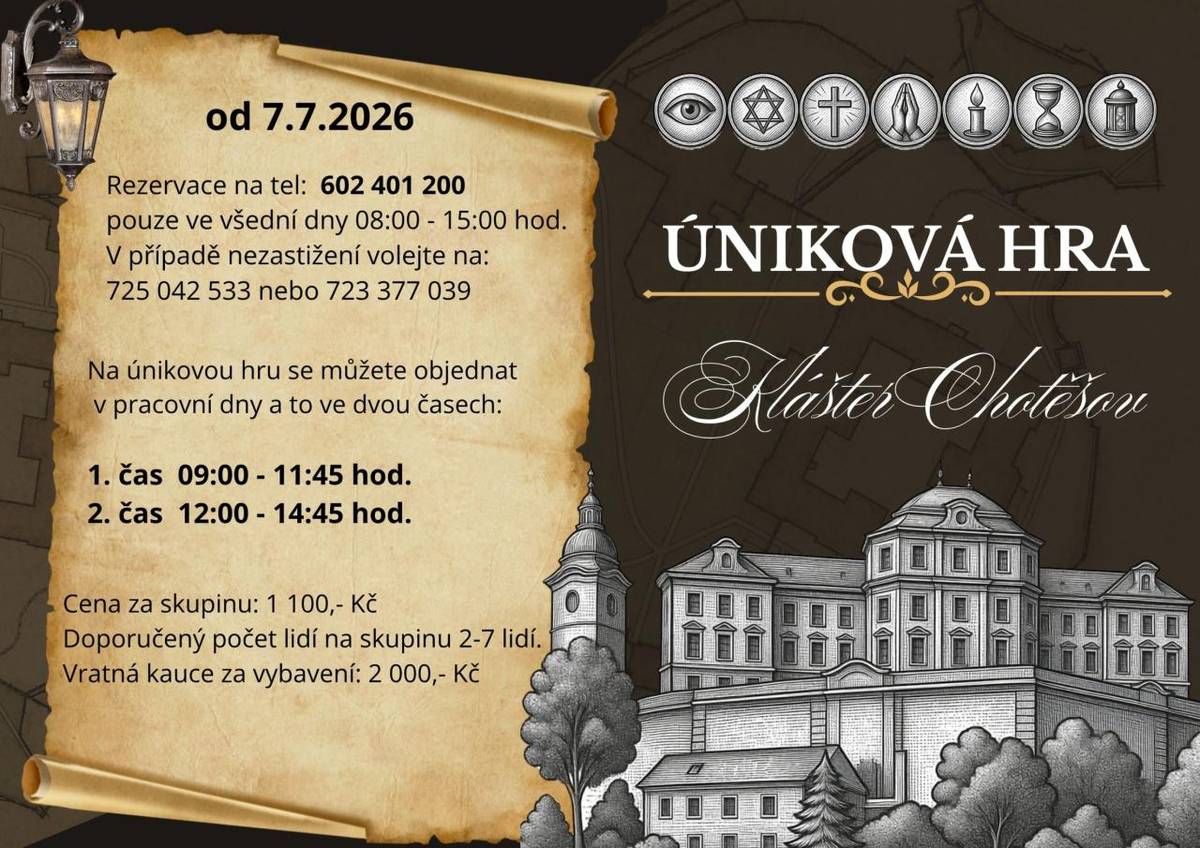 Venkovní úniková hra v areálu kláštera  7.7.2026 9:00 – 30.9.2026 15:00  Skupinové vstupné: 1100,-