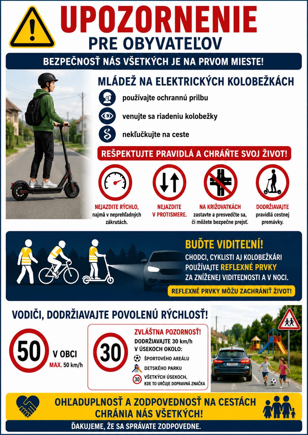 Vážení občania, Obec Nižný Hrušov sa obracia na všetkých obyvateľov, rodičov a zákonných zástupcov s výzvou na zvýšenie opatrnosti a zodpovednosti pri pohybe na pozemných komunikáciách. V poslednom období evidujeme čoraz častejší pohyb detí a mládeže na elektrických kolobežkách po ceste II. triedy (hlavný prieťah obcou), ceste III. triedy (od Hostinca smerom na rybník) a po miestnych komunikáciách,  kde aj na základe poznatkov z kamerového systému ale aj  osobných zistení starostu obce, zamestnancov obce, poslancov obecného zastupiteľstva a podnetov od obyvateľov evidujeme nevhodné správanie sa najmä mládeže pohybujúcej sa na elektrických kolobežkách alebo bicykloch. Zároveň sa opakovane vyskytujú nebezpečné situácie, ktoré môžu viesť k vážnym dopravným nehodám ako napríklad jazda v protismere, kľučkovanie medzi deliacimi čiarami na ceste, nezastavenie na križovatkách, vozenie sa 2 osôb na kolobežke a podobne. Obec preto upozorňuje najmä na:  jazdu neprimeranou rýchlosťou, najmä v neprehľadných zákrutách, jazdu v protismere, vchádzanie do križovatiek bez zastavenia a bez presvedčenia sa, či je možné križovatkou bezpečne prejsť, nedostatočné sledovanie premávky a nerešpektovanie pravidiel cestnej premávky,  upozorňujeme na mimoriadne frekventované križovatky v centre obce pri Hostinci, zákrutu pri gréckokatolíckom chráme a miestnu komunikáciu smerom k Poľnohospodárskemu družstvu,  kde sa aktuálne pohybuje ťažká poľnohospodárska technika vzhľadom na prebiehajúcu žatvu   Žiadame rodičov, aby sa so svojimi deťmi rozprávali o zásadách bezpečného pohybu na cestách a upozornili ich na riziká jazdy na elektrických kolobežkách. Žiadame rodičov, aby mysleli na bezpečnosť svojich detí a zabezpečili im ochrannú prilbu a reflexné prvky ak sa po ceste pohybujú na kolobežkách alebo bicykloch. Rodičom odporúčame zvážiť nastavenie kolobežiek a obmedzenie maximálnej povolenej rýchlosti.    Reflexné prvky zachraňujú život V záujme ochrany zdravia a života odporúčame všetkým chodcom, cyklistom aj používateľom elektrických kolobežiek používať za zníženej viditeľnosti a v noci reflexné prvky alebo reflexné oblečenie. Včasná viditeľnosť výrazne zvyšuje bezpečnosť každého účastníka cestnej premávky.   Výzva vodičom motorových vozidiel Obec zároveň vyzýva všetkých vodičov motorových vozidiel na dôsledné dodržiavanie najvyššej dovolenej rýchlosti v obci 50 km/h a osobitne na rešpektovanie dopravného značenia v úsekoch, kde je najvyššia dovolená rýchlosť obmedzená na 30 km/h.  Zvýšenú pozornosť venujte najmä:  okoliu športového areálu, detskému parku Huštáčik, všetkým úsekom, kde je rýchlosť 30 km/h určená dopravným značením (ulice Letná, Huštak, Krížna a Ondavská)   Aj malé prekročenie rýchlosti môže mať v obci, kde sa pohybujú deti, cyklisti a chodci, tragické následky. Bezpečnosť na cestách je spoločnou zodpovednosťou nás všetkých. Rešpektujme pravidlá cestnej premávky, správajme sa ohľaduplne a prispejme k tomu, aby boli cesty v našej obci bezpečné pre všetkých.   Ďakujeme za zodpovedný prístup. Ján Fenčák Starosta obce Nižný Hrušov