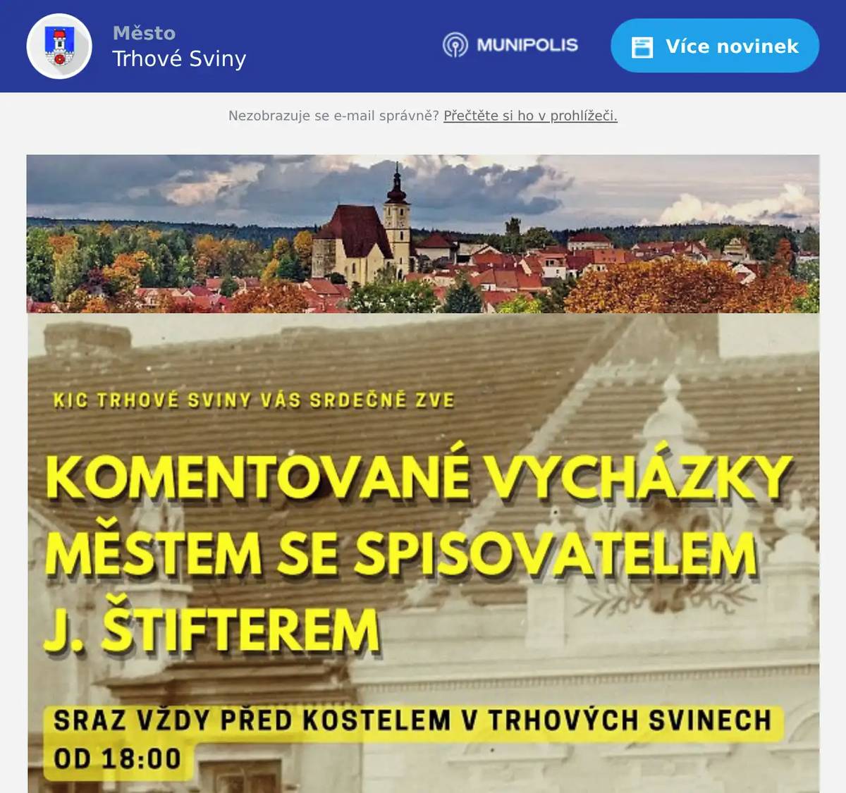 V úterý 7.7. nás čeká první vycházka se spisovatelem J. Štifterem! Hříšní lidé města Trhové Sviny od 18:00, sraz před kostelem Nanebevzetí Panny Marie.