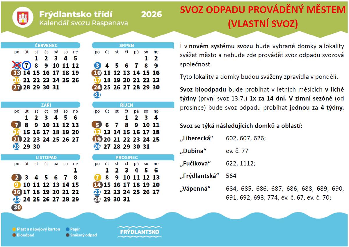V lokalitách ve kterých bude odpady svážet město, dojde příští týden ke změně. (viz. obrázek) ❗Svoz modrých nádob proběhne v úterý 7. 7. 2026 ❗