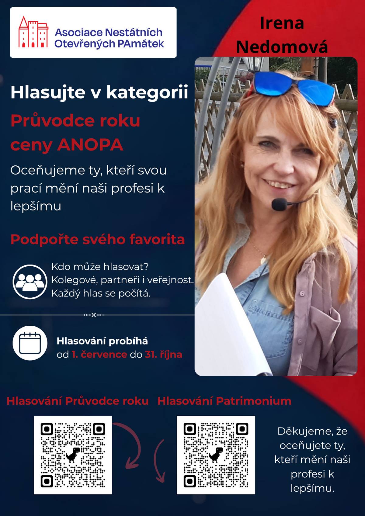 Město Příbor s hrdostí nominovalo Irenu Nedomovou do ankety Průvodce roku pořádané Asociací nestátních otevřených památek.    Paní Irena Nedomová je kronikářkou města, dlouholetou členkou Komise pro regeneraci městské památkové rezervace a již mnoho let s nadšením provází návštěvníky i obyvatele Příbora. Díky jejím hlubokým znalostem historie, osobnímu přístupu a lásce k našemu městu vznikají jedinečné prohlídky, které se těší velkému zájmu a na které se návštěvníci opakovaně vracejí.     Město Příbor si její dlouholeté práce nesmírně váží. Svou činností významně přispívá k propagaci našeho města, uchovávání jeho historie i předávání kulturního dědictví dalším generacím.     Budeme rádi, když Irenku podpoříte svým hlasem.     https://1url.cz/hejbT     Hlasování probíhá od 1. července do 31. října 2026.     Děkujeme za vaši podporu!