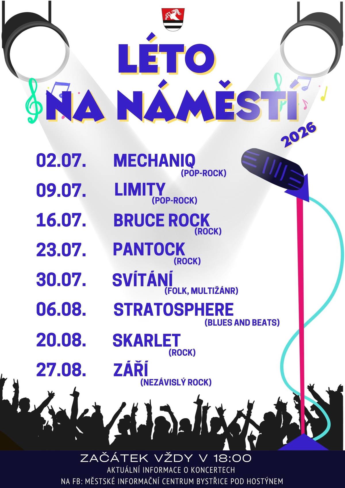 Město Bystřice pod Hostýnem zve na koncert kapely MECHANIQ, který se koná ve čtvrtek 2. července 2026 v 18 hodin v rámci akce LÉTO NA NÁMĚSTÍ 2026.