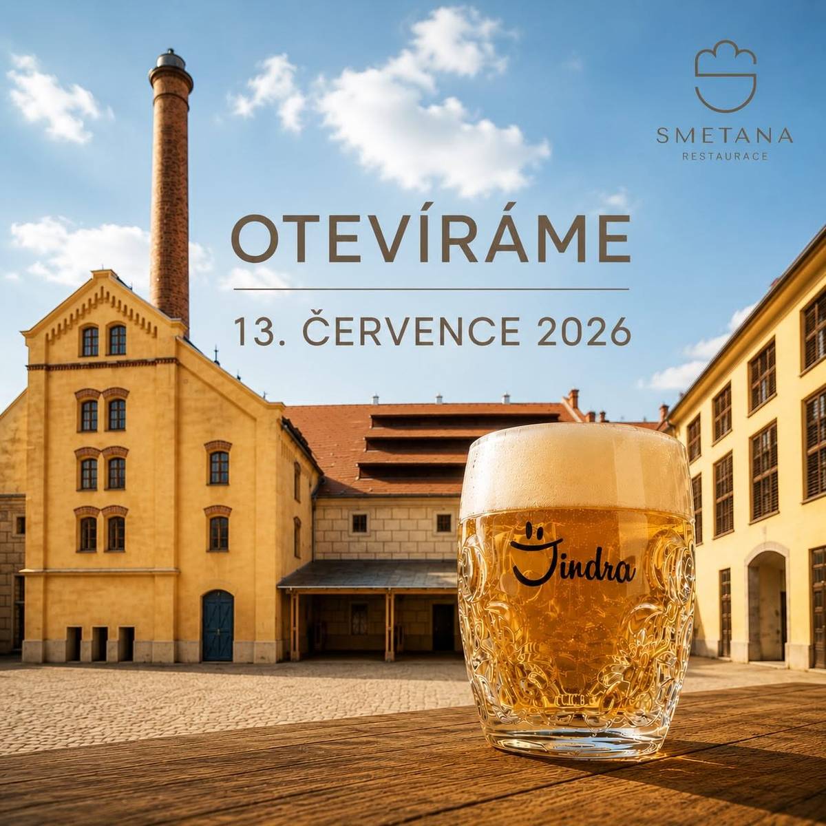 V pondělí 13. července 2026 se v Jindřichově Hradci otevřou dveře dlouho očekávané restaurace Smetana v areálu zámeckého pivovaru. Současně budou mít návštěvníci vůbec poprvé možnost ochutnat nové pivo Jindra 10° a Jindra 12° přímo na čepu. Od 10:30 do 23:00 hodin si můžete přijít vychutnat oběd, večeři nebo posedět s přáteli u sklenice piva. K dispozici bude restaurace, příjemná zahrádka pod pergolou i nádvoří pivovaru.