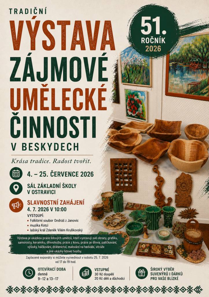 Výtvarná skupina Petra Bezruče Vás zve na slavnostní zahájení výstavy v sobotu 4. července v 10:00 hodin v Základní škole Ostravice. Vystoupí muzika Kotci a Ondráš.