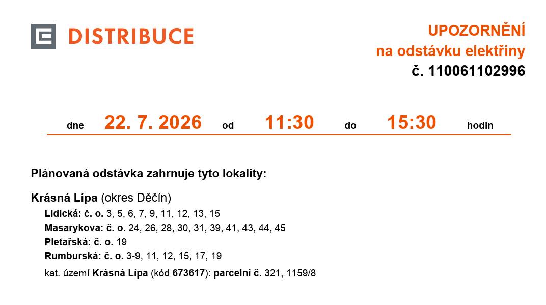 Dovolte, abychom Vás informovali o plánovaném přerušení dodávky elektrické energie v katastru Vaší obce dne 22. 7. 2026 od 11:30 do 15:30