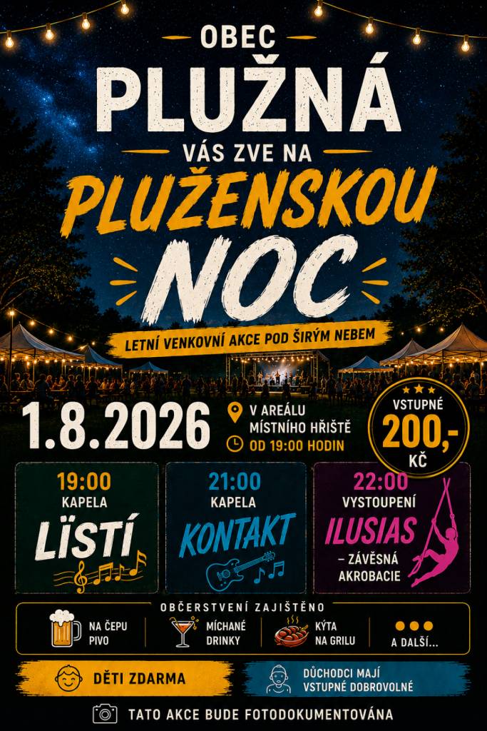 Obec Plužná Vás srdečně zve na tradiční letní venkovní akci pod širým nebem – PLUŽENSKOU NOC, která se uskuteční v sobotu 1. srpna 2026 od 19.00 hodin v areálu místního hřiště.