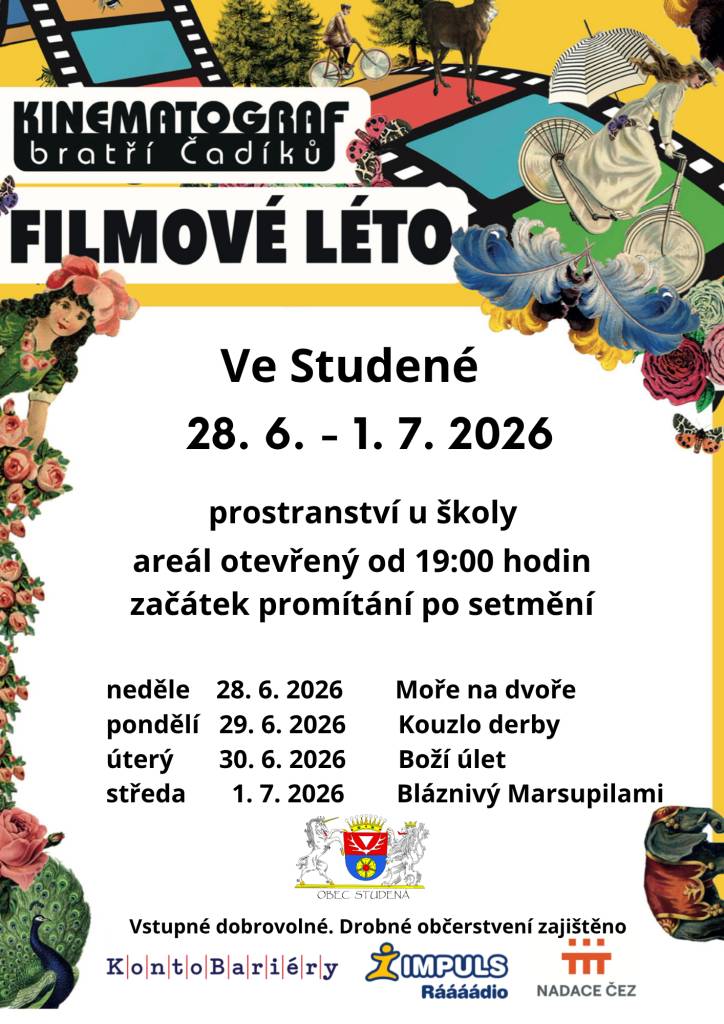 Letní kino se dnes 30.6.2026 přemístilo od hasičské zbrojnice k základní škole na zahradu.  Program zůstává beze změny, mění se pouze místo konání.