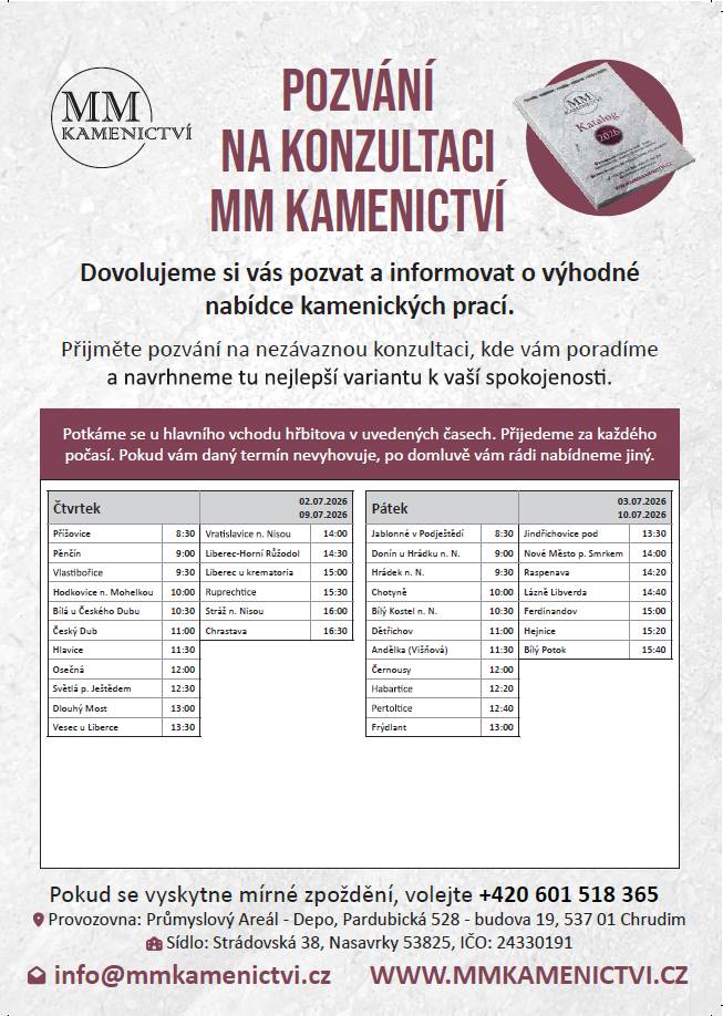Pozvánka na konzultaci MM Kamenictví. Ve dnech 3.7. v 11:00 a 10.7. v 11:00 bude na hřbitově v Dětřichově firma MM KAMENICTVÍ s.r.o. poskytovat informace ohledně kamenických služeb