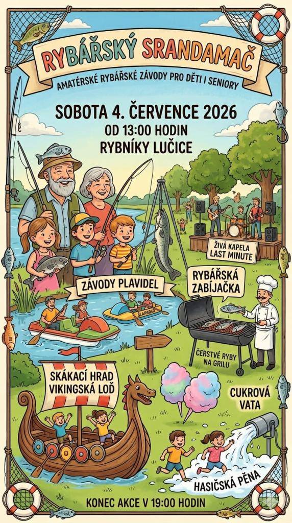 Rybáři Lučice Vás srdečně zvou v sobotu 4.7.2026 od 13:00 hodin k rybníkům v Lučicích  na amatérské rybářské závody pro děti i seniory s názvem "Rybářský srandamač". Těšit se můžete na bohatý doprovodný program závody plavidel, skákací hrad, pěna pro děti. K občerstvení čerstvé ryby na grilu....