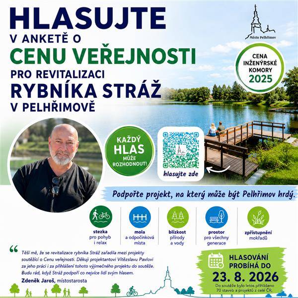 Revitalizace rybníka Stráž byla zařazena do 22. ročníku Ceny inženýrské komory 2025 a uchází se také o Cenu veřejnosti. O vítězi nyní rozhodují hlasy veřejnosti, a proto se město obrací na své obyvatele i příznivce s prosbou o podporu tohoto výjimečného projektu.