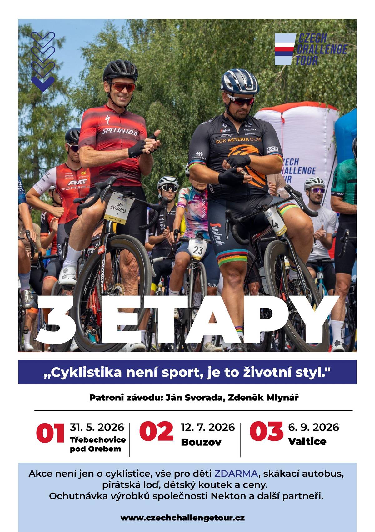 🚴 V sobotu 12. července projede Slavětínem Czech Challenge Tour 2026! 🚴 V sobotu 12. 7. se uskuteční 3. ročník silničního cyklistického závodu Czech Challenge Tour pro amatérské závodníky. Ani letos nebude chybět účast bývalých hvězd světové cyklistiky. Na startu se představí například: ⭐ Ján Svorada – nejúspěšnější český cyklista historie a vítěz etap na Tour de France, Giro d'Italia i Vuelta a España. ⭐ Zdeněk Mlynář – bývalý mistr světa v cyklokrosu. 🚴 Časový průjezd Slavětínem:  1. kolo: přibližně ve 12:11 hodin 2. kolo: přibližně ve 13:11 hodin  Prosíme všechny obyvatele o respektování dočasných dopravních omezení na trase závodu (viz přiložená mapa). Zároveň žádáme majitele psů a dalších domácích zvířat, aby v době průjezdu závodníků zabránili jejich volnému pobíhání. Pomůžete tak zajistit bezpečnost závodníků, diváků i samotných zvířat. Přijďte závodníky povzbudit a vytvořit skvělou atmosféru! 👏🚴
