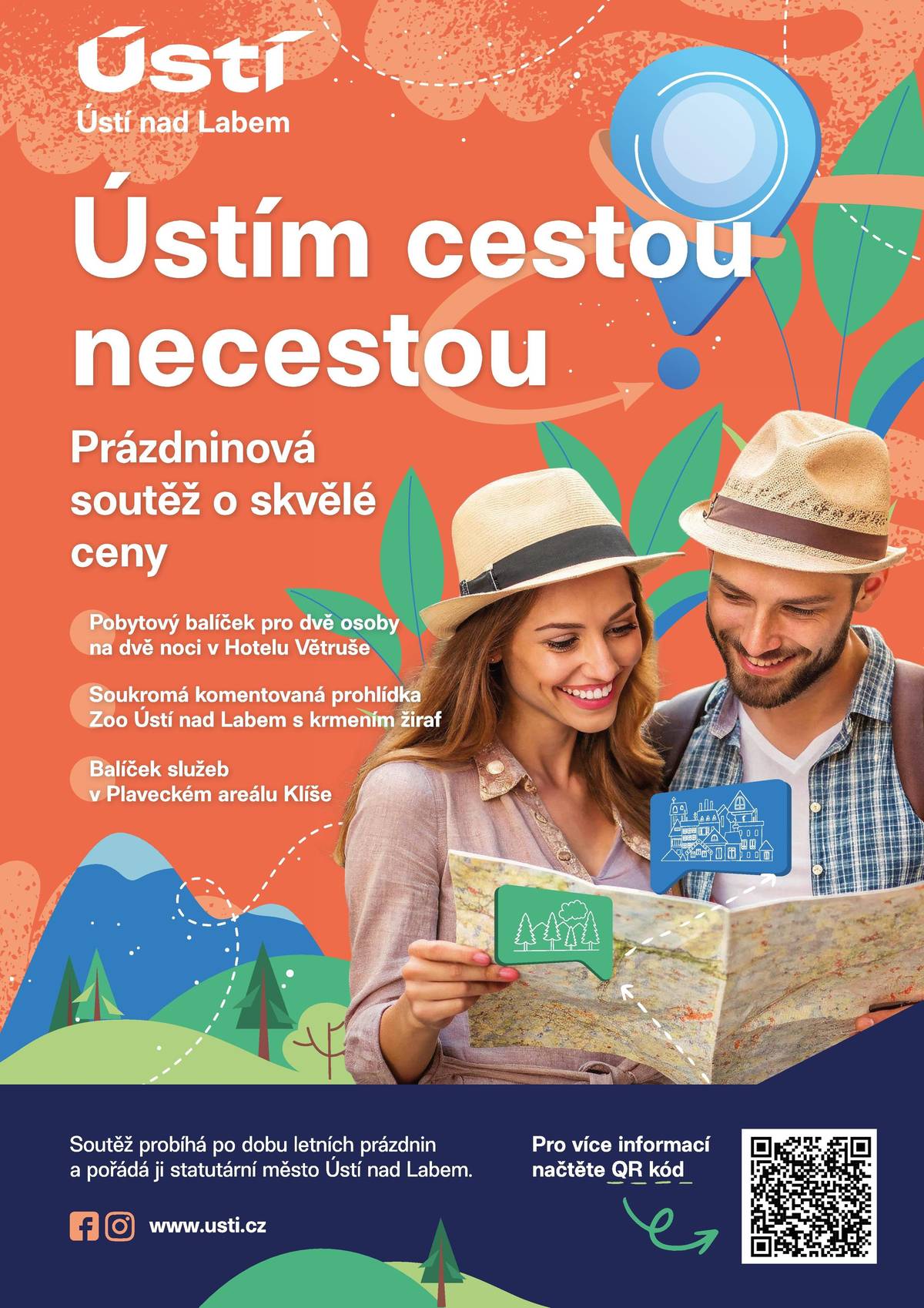 Právě odstartovala letní soutěž Ústím cestou necestou, která Vás vytáhne ven! 🌞 Zapomeňte na tradiční prázdniny. Objevte 15 zajímavých míst a odpovězte na soutěžní otázky. Čekají na Vás skvělé ceny, které prostě budete chtít vyhrát 🤩  Pobytový balíček v Hotelu Větruše Soukromá komentovaná prohlídka Zoo Ústí nad Labem s krmením žiraf Balíček služeb v Plaveckém areálu Klíše   Stačí se jednoduše přihlásit, navštívit alespoň 10 zastavení a můžete být ve hře. Nebo si troufnete zdolat všech 15? KOMPLETNÍ INFORMACE A PRAVIDLA SOUTĚŽE