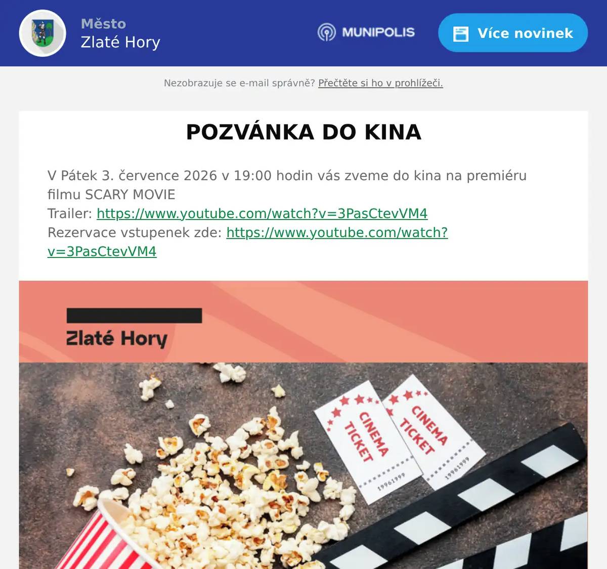 V Pátek 3. července 2026 v 19:00 hodin vás zveme do kina na premiéru filmu SCARY MOVIE Trailer: https://www.youtube.com/watch?v=3PasCtevVM4Rezervace vstupenek zde: https://www.youtube.com/watch?v=3PasCtevVM4