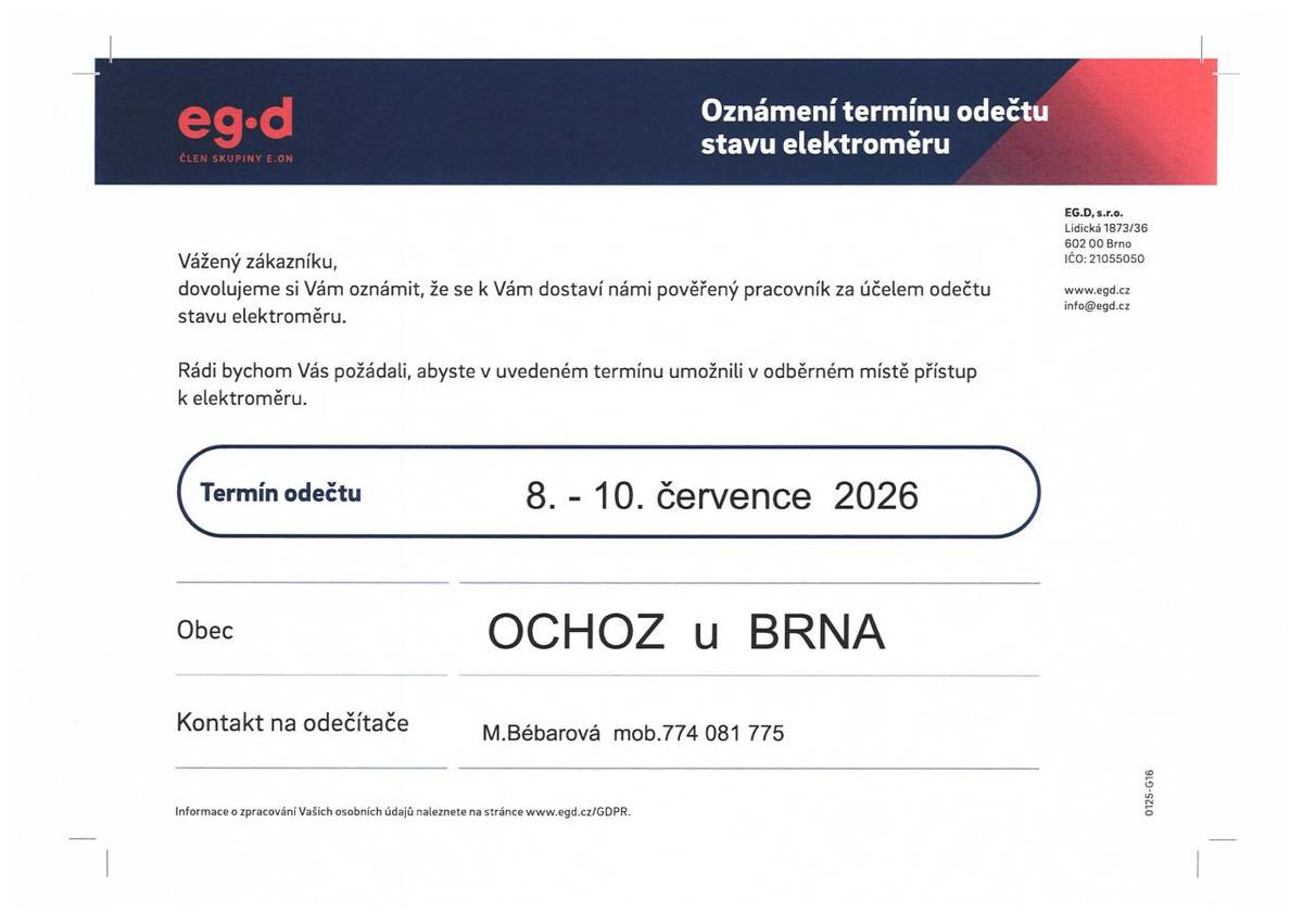 V termínu 8.-10.července budou probíhat odečty elektroměrů.