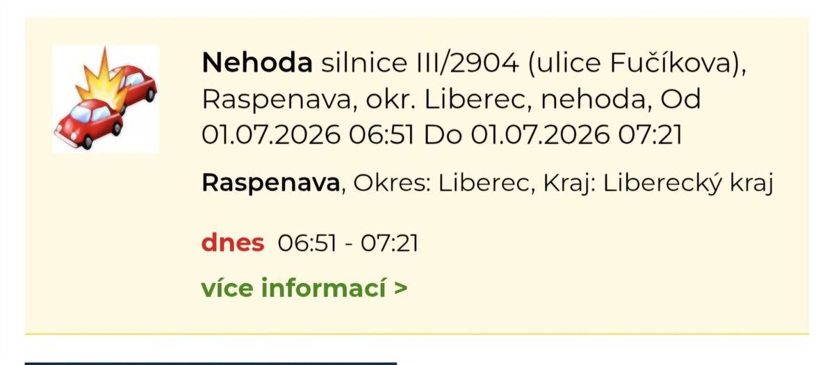 7:00 DN Raspenava, ul. Fučíkova, viadukt. ! NEPRŮJEZDNÉ 2-3HODINY !