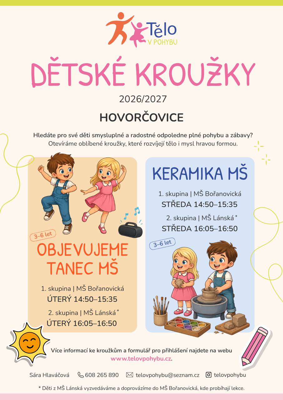 I v novém školním roce jsou připravené oblíbené kroužky, ve kterých si děti hravou formou rozvíjejí své dovednosti, fantazii i radost z pohybu. Veškeré informace o kroužcích, časech lekcí i přihlášení najdete na přiloženém plakátu a na webu www.telovpohybu.cz.